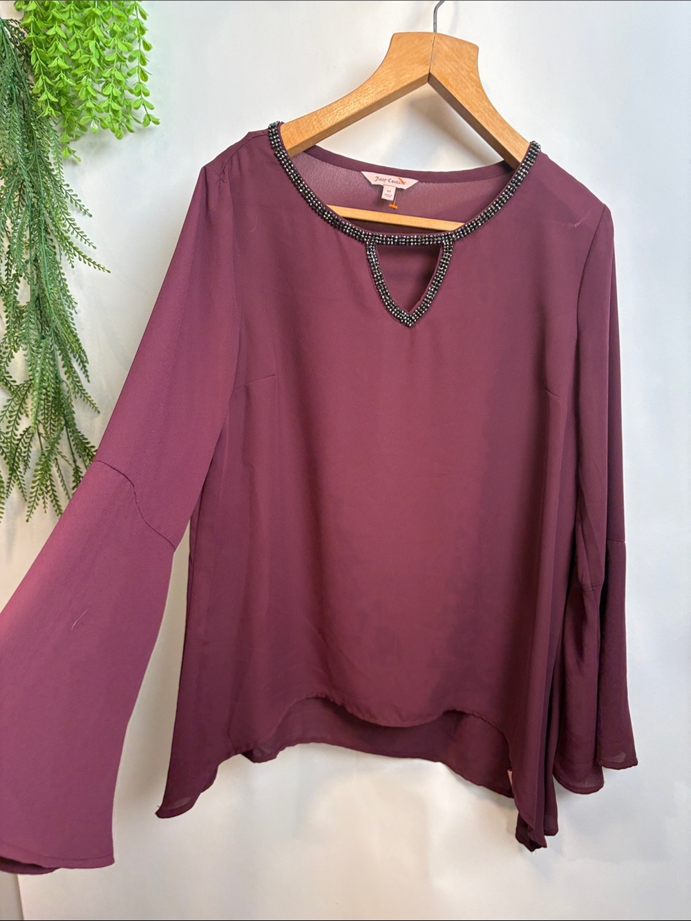 Juicy Couture Plum Chiffon Beaded Keyhole Bell Sleeve Top